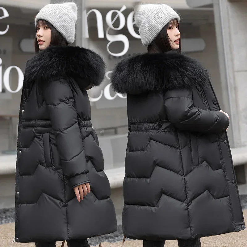 

Slim Fitting Waist Down Cotton Jacket for Women's Mid Length 2023 New Winter Thick Hooded Large Wool Collar Cotton Jacket