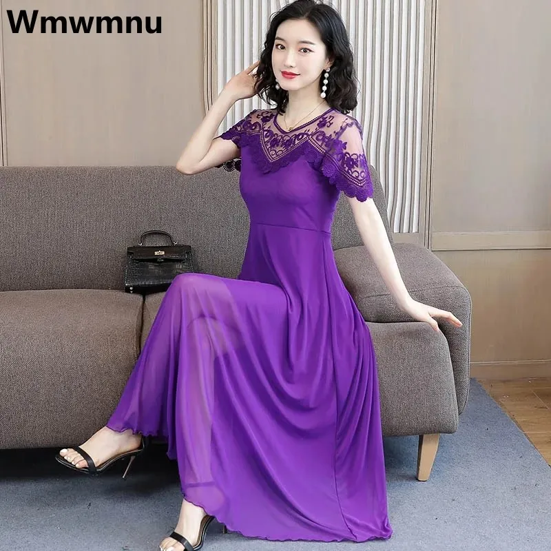 

Mesh Lace Maxi Dress Oversize 4xl Summer Elegant Korean Vestidos A-line Slim Short Sleeve Fashion Casual Women New Dresses