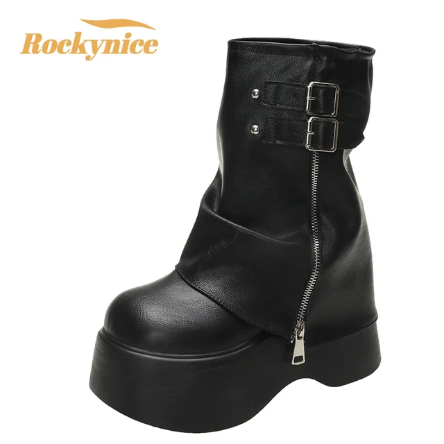Women's Soft Leather Chunky Platform Ankle Boots - 9cm Wedge Biker Booties