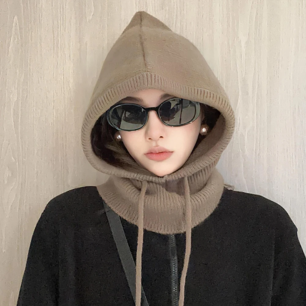 Women's New Fall Winter Full-envelope Cap Knitted Balaclava Hat Scarf Hat Two-in-one Woolen Warm Ear Protection Cap Pullover Hat 5