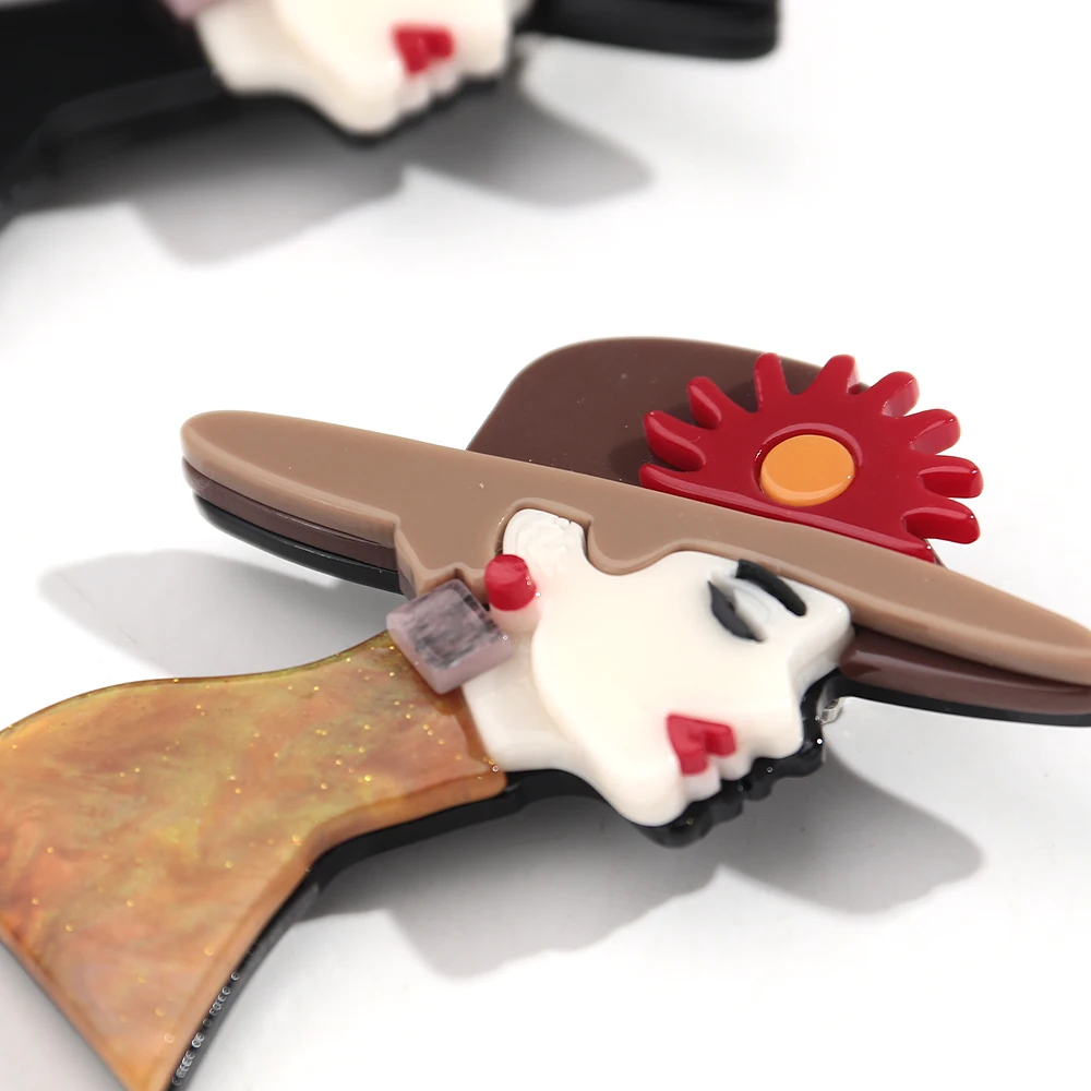 패션 플라워 모자 여성용 레진 브로치 아크릴 우아한 소녀 피규어 배지 핀 사무실 장신구 의류 액세서리 선물