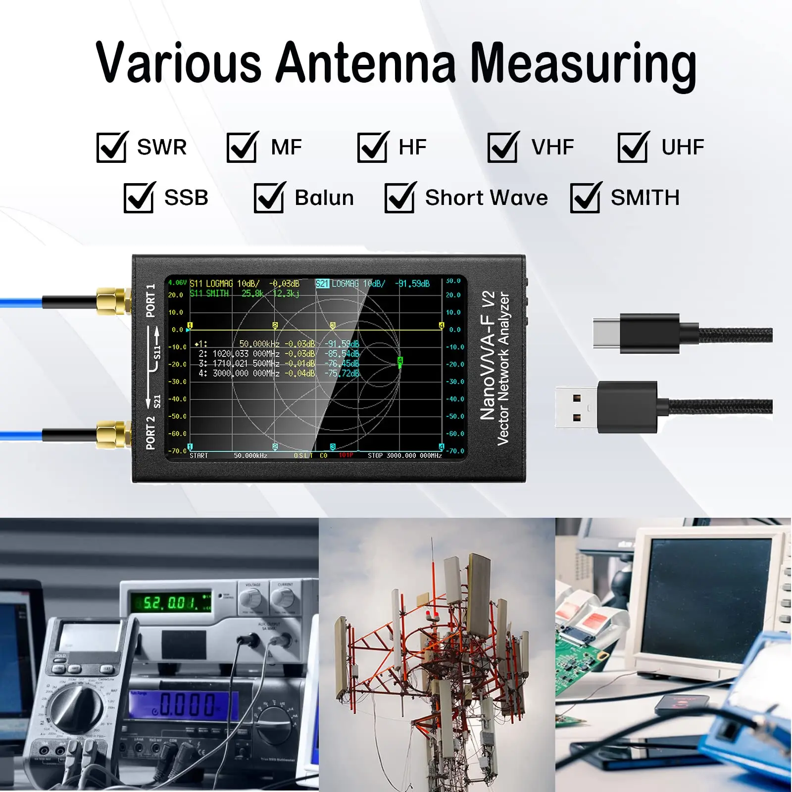 Nanovna F V2 50KHz-3GHz Vector Network Analyzer HF VHF UHF VNA 4.3" Touchscreen 5000mAh High Precision Antenna Analyzer 6