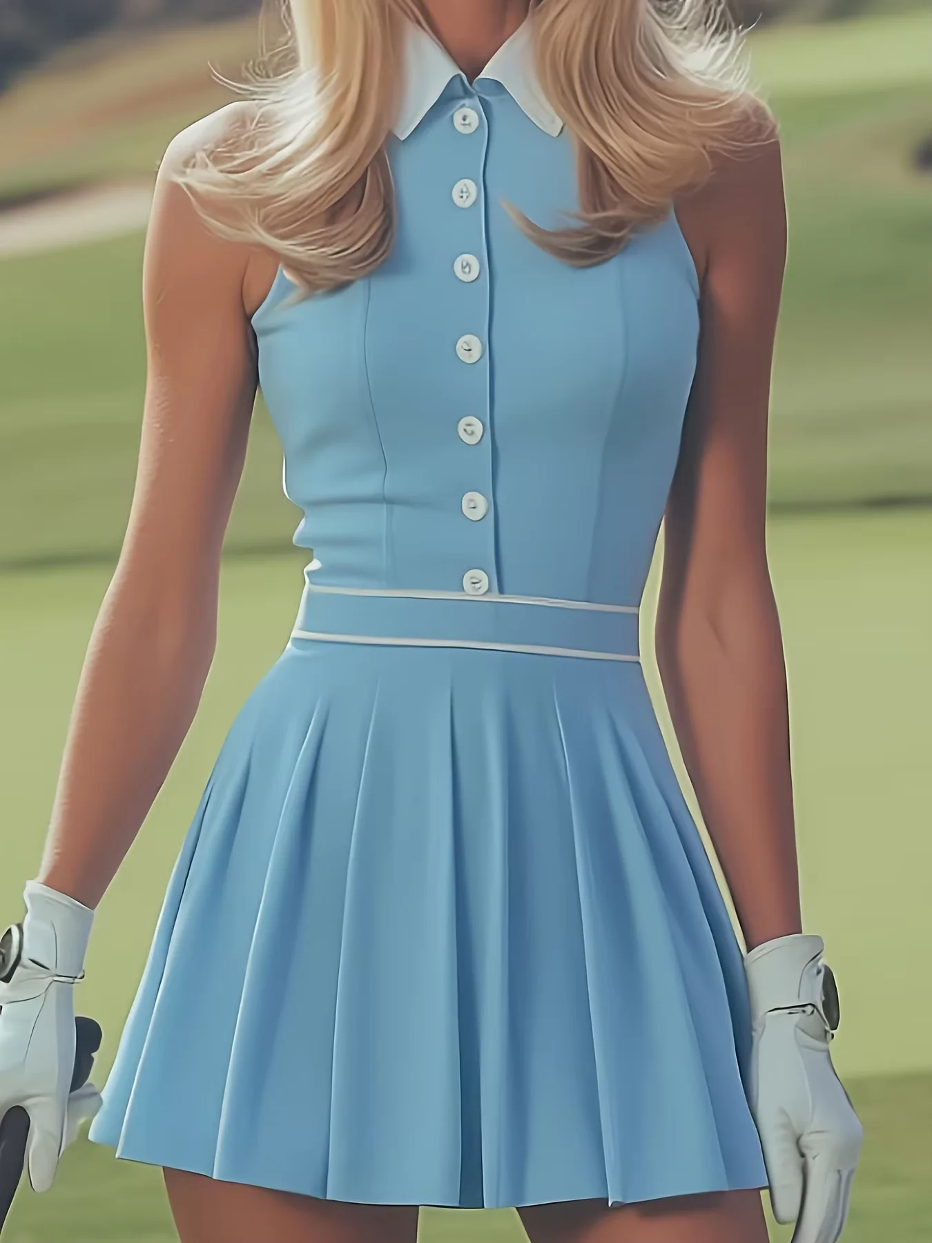 Damen High-Fashion Ärmelloses Kleid Weiß mit Dekorativem Himmelblauem Revers Halb-Reißverschluss-Design für Stilvolle Frauen