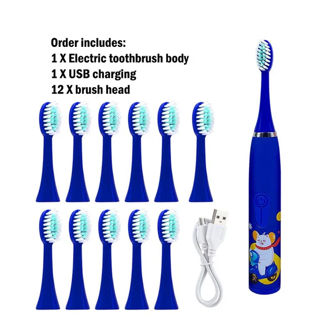 Cepillo de dientes eléctrico sónico para niños, automático, resistente al agua, IPX7, cepillo de limpieza de dibujos animados para niños con 12 cabezales de repuesto