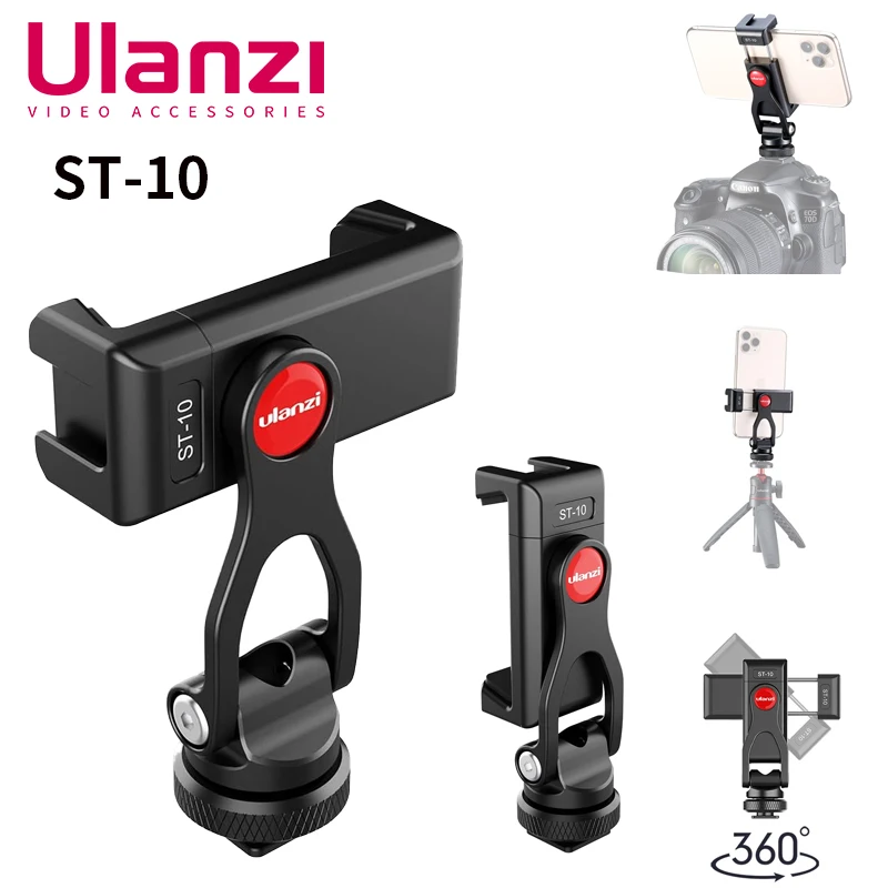 ulanzi ST-10 Metal Phone Holder Phone Clamp with Dual Cold Shoe Mount Led Video Light Microphone for Android iPhone Smartphone