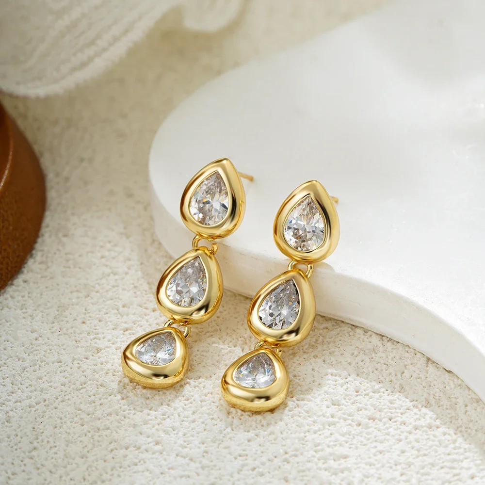 Stainless Steel Waterdrop Shape Crystal Dangle Earrings for Women Glossy Metal PVD Gold Plated Droplet Stud Trend Ear Jewelry