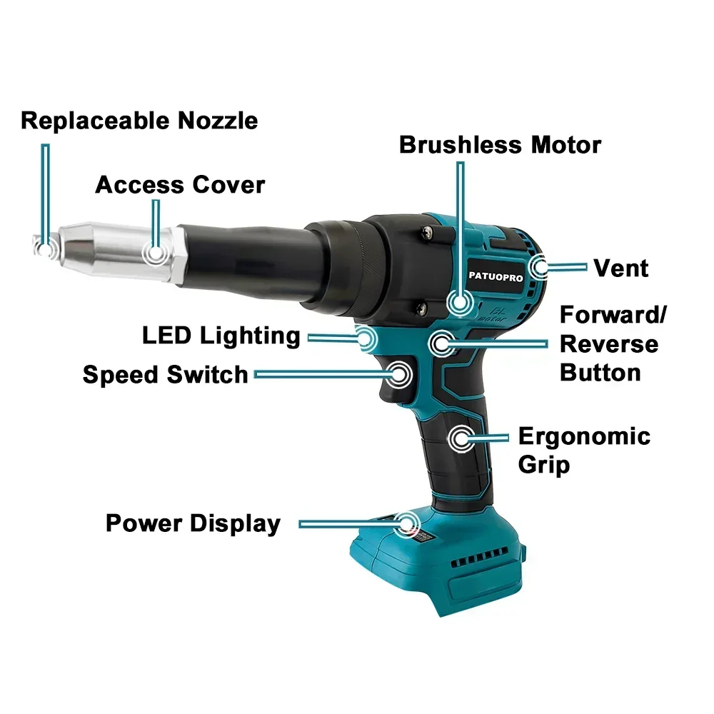 PATUOPRO rivet gun Brushless Electric Riveter Gun Cordless 5.0mm Household Power Tools Screwdriver With LED Light For Makita 18V Battery