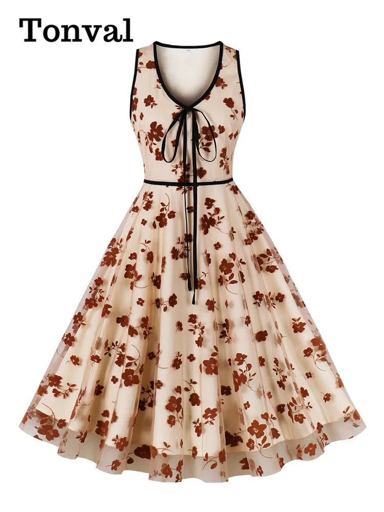 

Женское винтажное платье в стиле ретро Tonval, длинное платье с V-образным вырезом и цветочным принтом, облегающее контрастное платье без рукавов для выпускного вечера