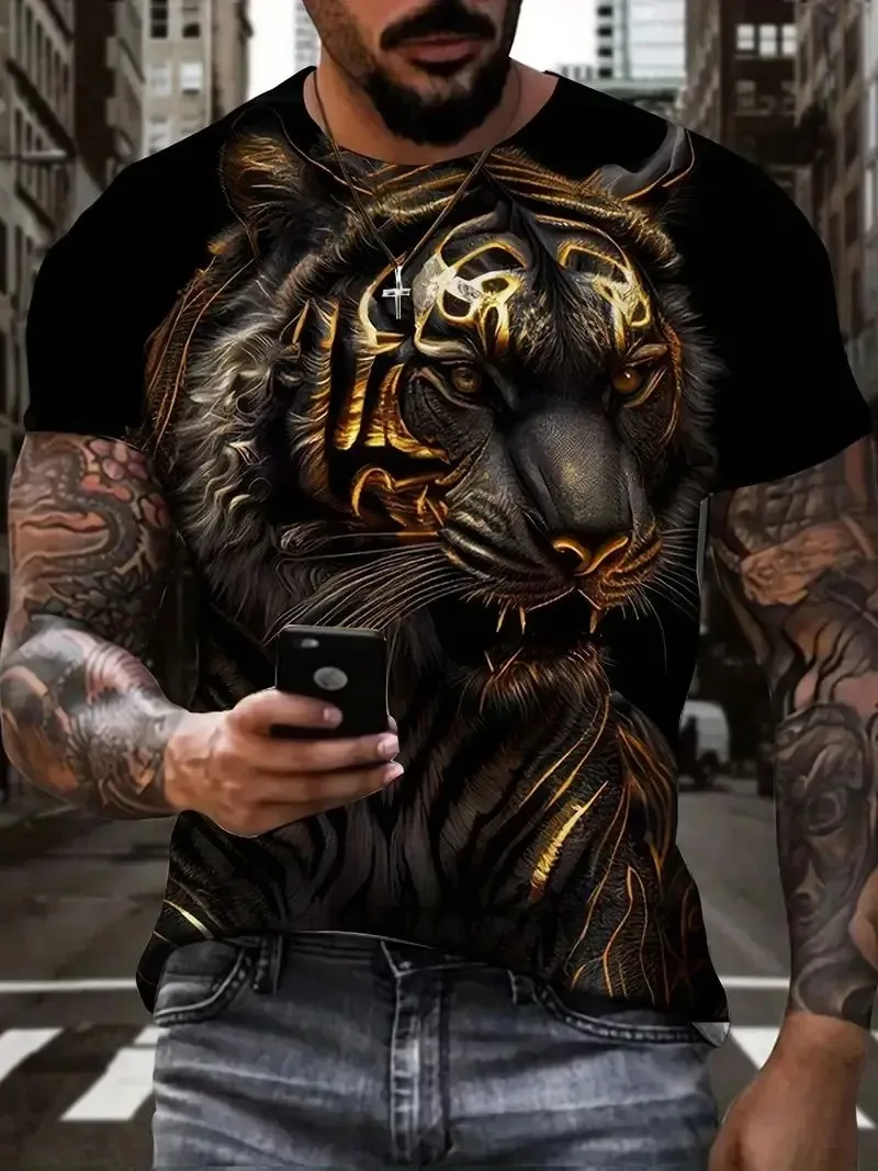 

Tiger 3D Digital Printing Men's Short Sleeve Fashion Domineering Novel Science and Technology Tiger Pattern Printed Black Tee