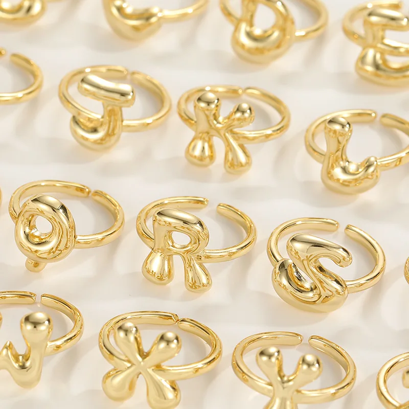 Creative A-Z Balloon Bubble Letter Opening Rings for Women 18k Gold Plated Chunky Initial Waterproof Finger Ring Wedding Jewelry