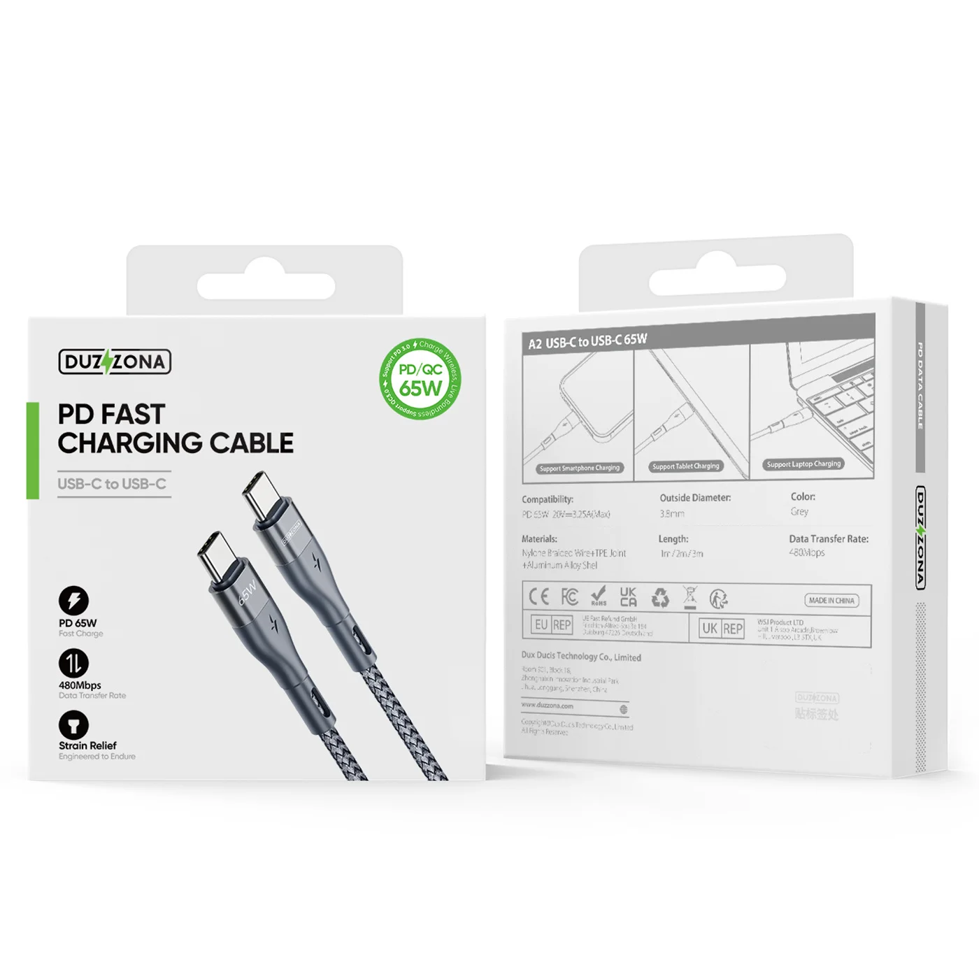 PD 65W 1m/2m/3m와 호환되는 USB C-USB C 케이블