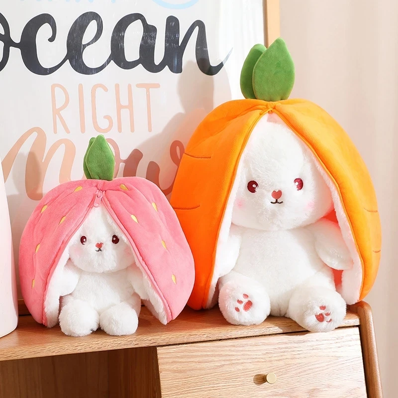 18/70cm Creative Cute Doll Carrot Rabbit Plush Toy Soft Stuffed Bunny Hiding In Strawberry Bag
