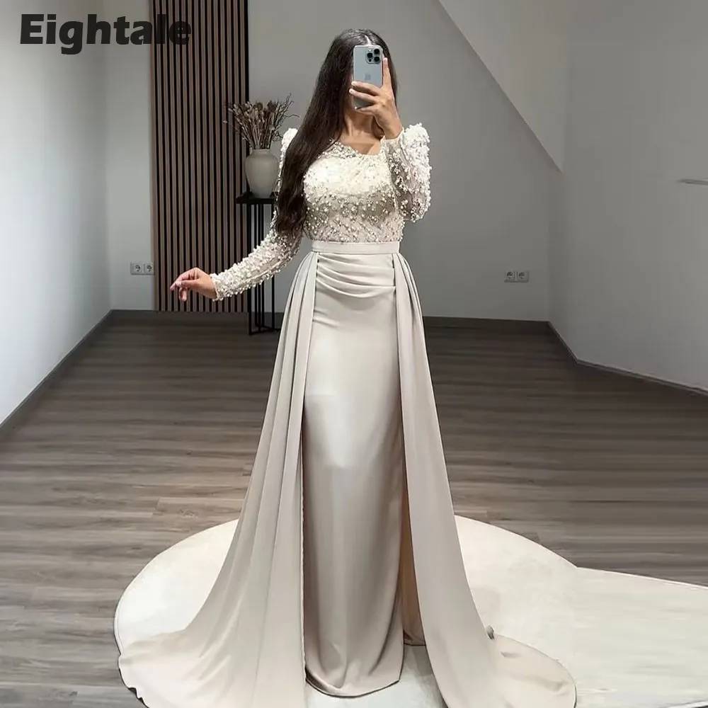 Eightale Arabic Evening Dress Champagne Long Sleeves Stretchy Satin Wedding Party Dress Mermaid Vestido De Noche