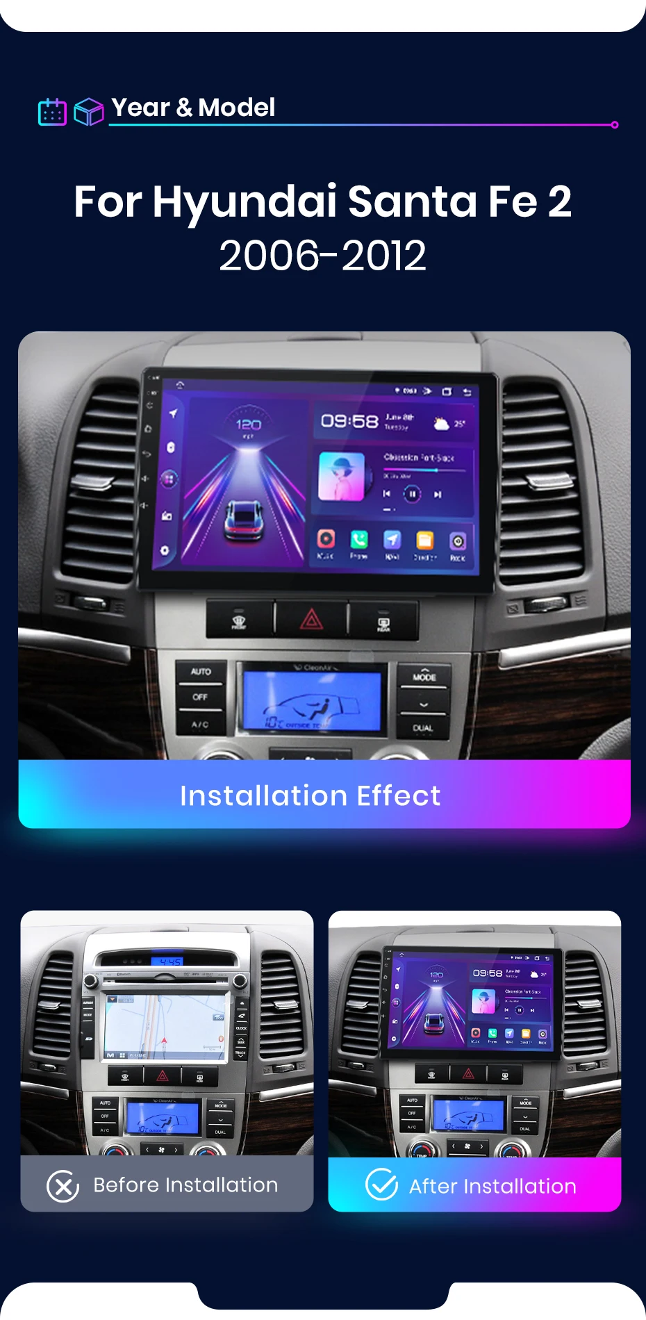 Junsun AI Wireless CarPlay für Apple Android 14 Auto Autoradio für Hyundai Santa Fe 2 2006 2007 2008-2012 Multimedia Navi Stereo – Detail 3