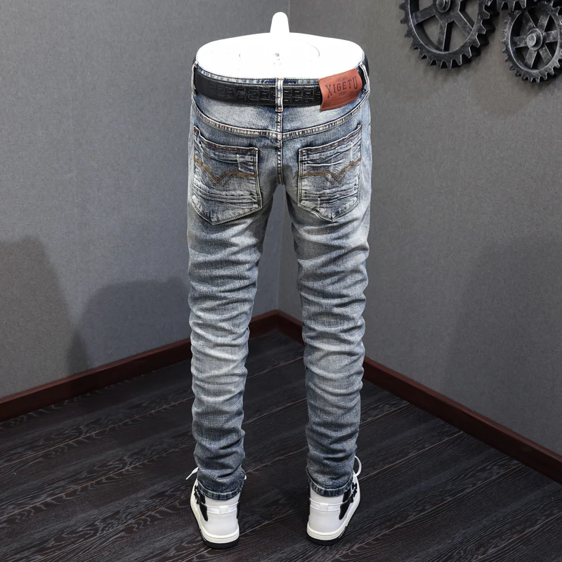 Italian Style Fashion Men Jeans High Quality Retro Blue Elastic Slim Fit Ripped Jeans Men Vintage Designer Denim Pants Hombre