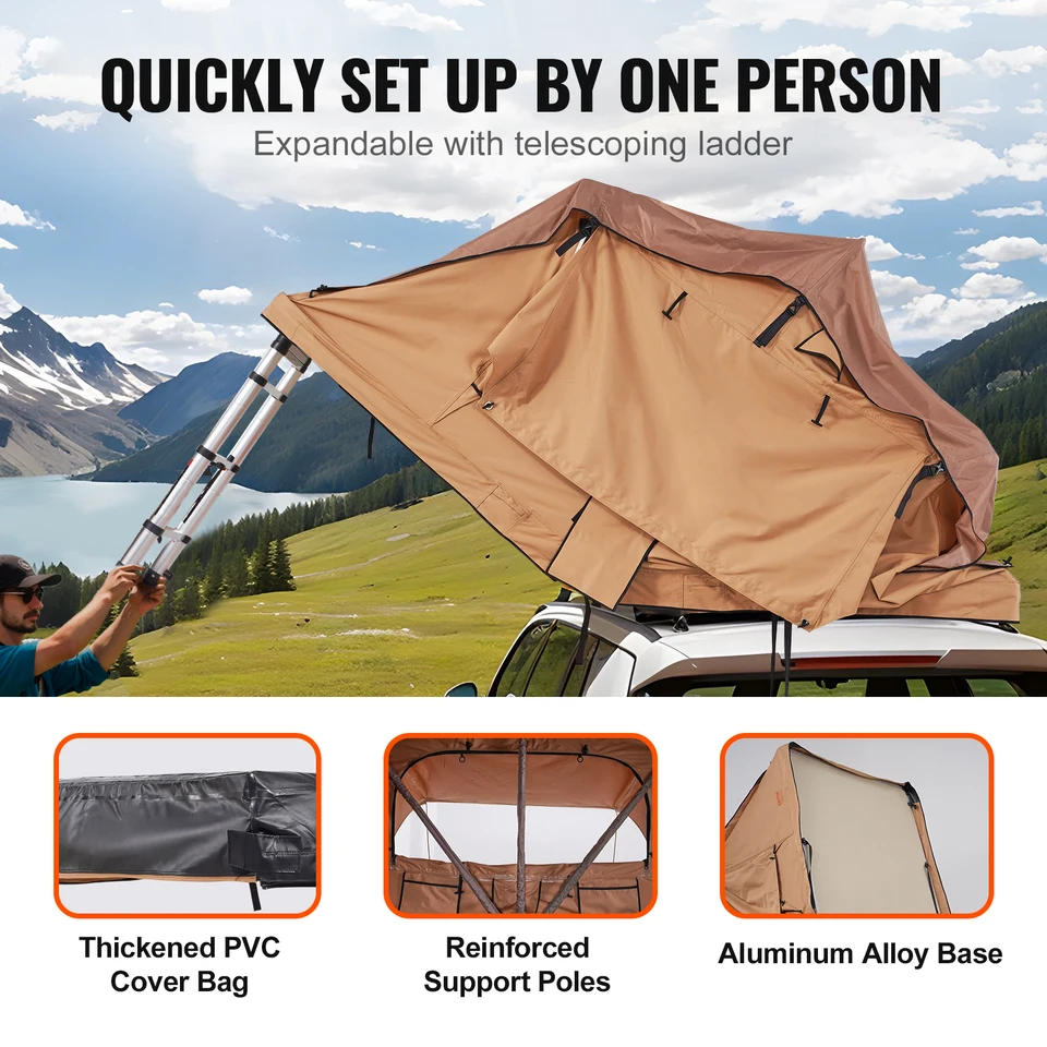 Soft Shell Rooftop Tent For 2 - With Ladder, Mattress & Skylight For Trucks, SUVs & Jeeps