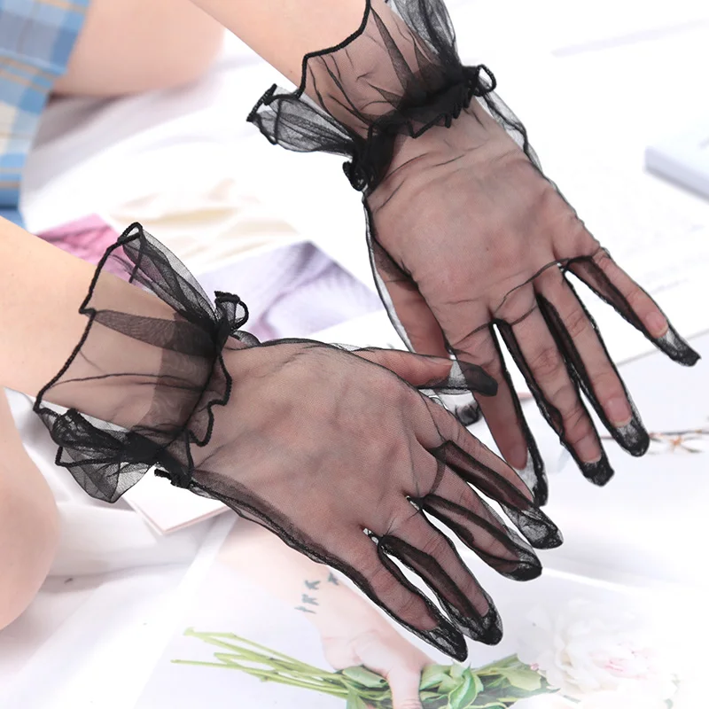 1 Pair Ultra-thin Transparent Lace Gloves Solid Color Fashion Women Drive Short Tulle Gloves Mesh Stretchy Wedding Party Mittens