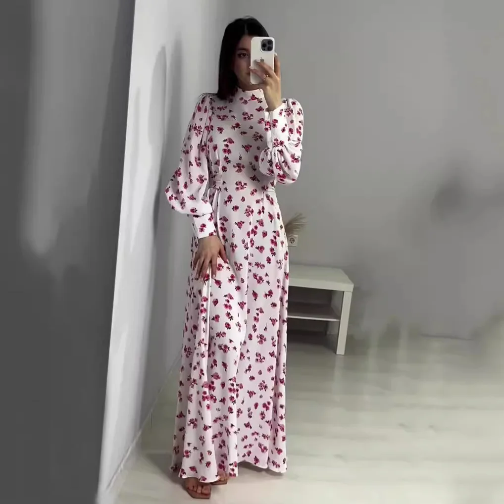 

Dress Women Floral Print Bodycon Long Dresses Mock Neck Maxi Party White Tight High Waist Lace Up Elegant Splice A Line Vestidos