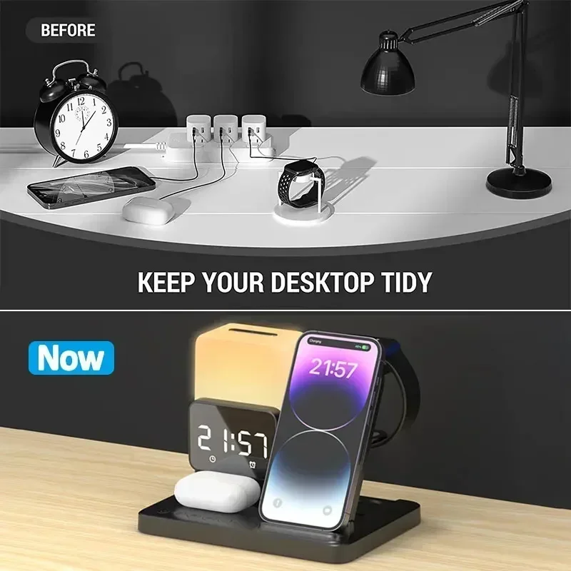 Foldable 6 in 1 Alarm Clock Lamp Wireless Charger Stand  Fast Charging Dock Station for iPhone 15 14 13 12 X Pro Max Airpods Pro