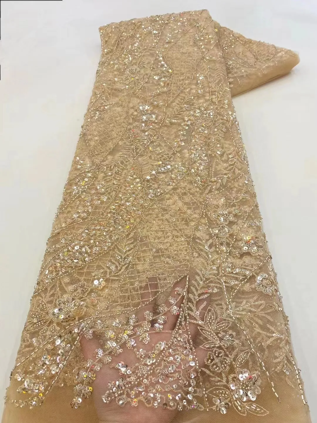 

African Handmade Beads Lace Fabric 2023 High Quality French Groom Embroidery Sequins Lace Fabrics For Christmas Sewing