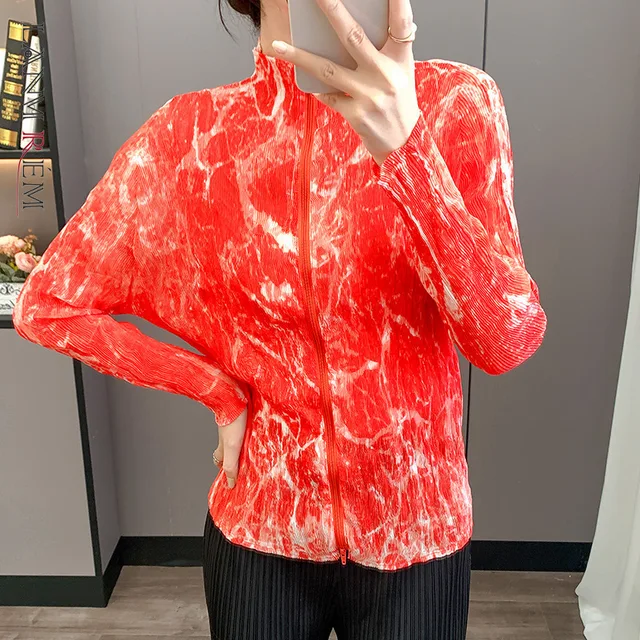 LANMREM Chic Fashion Pleated Printed Handmade Pleated Zipper Cardigan Sun Protection Jacket 2025 Autumn New Ealstic Coat 2DB4511