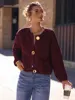 TRAFZA Women Vintage Wine Red Sweater Cardigan Female Metal Buttons Long Sleeve Coat With Pockets Fashion High Street Knitwear 1