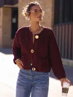 TRAFZA Women Vintage Wine Red Sweater Cardigan Female Metal Buttons Long Sleeve Coat With Pockets Fashion High Street Knitwear 1