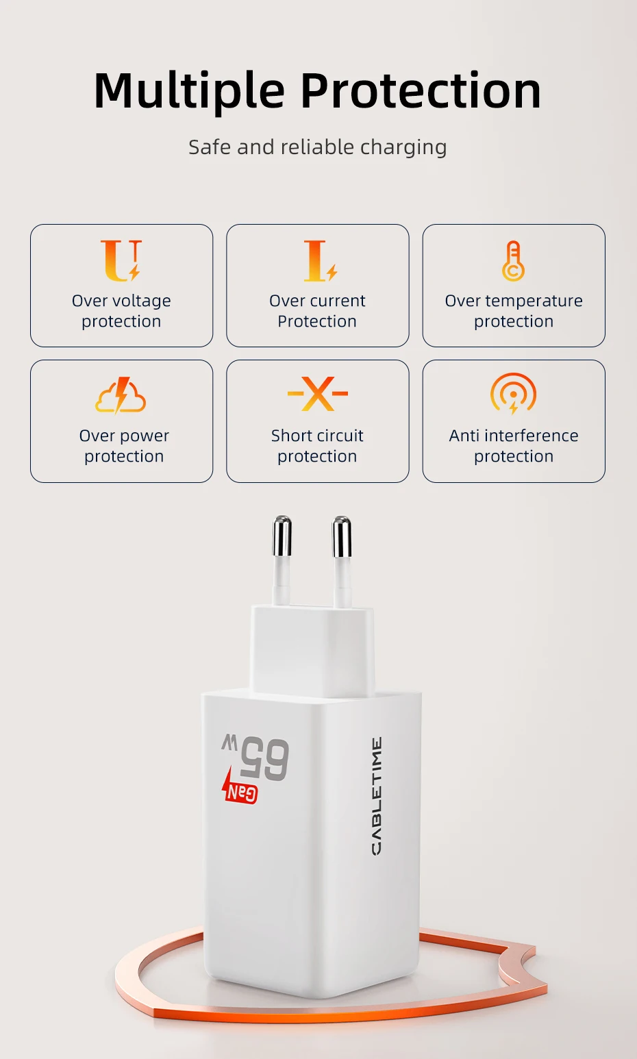 CABLETIME GaN Ladegerät 65 W Schnellladung 4.0 3.0 USB C PD Ladegerät für MacBook Air iPhone 16 15 14 iPAD Tablet PD Schnellladegerät – Detail 7