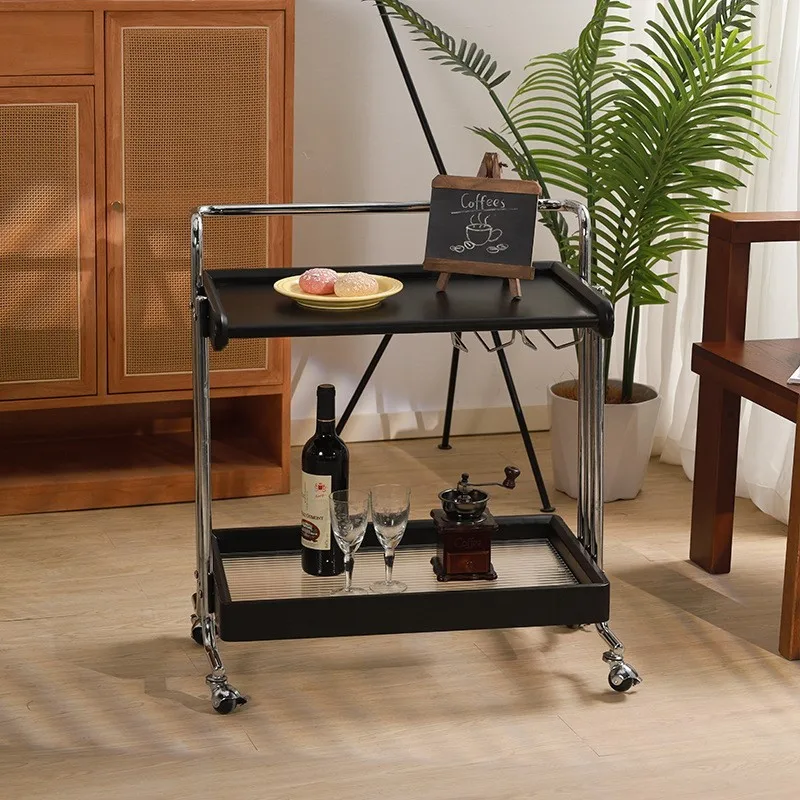 H2O HOUSE Mid Ancient Style Small Cart Storage Rack Movable Edges Living Room Solid Wood Retro Snacks Meals Lathe Cabinet