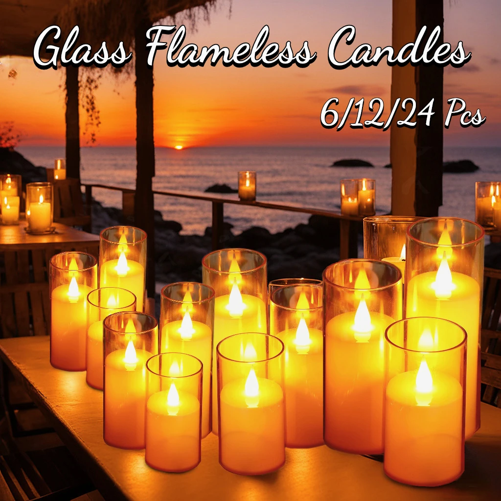 6-24PCS Flickering Led Candles with Batteries Flameless Pillar Candle Acrylic Glass Tealight Candle Cafe Wedding Decor Dinner