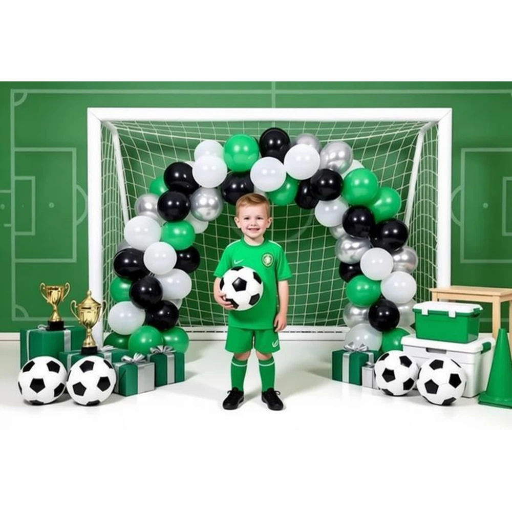 축구 테마 배경 녹색 풍선 축구 트로피 축구 골대 베이비 샤워 어린이 생일 파티 장식 사진 배경