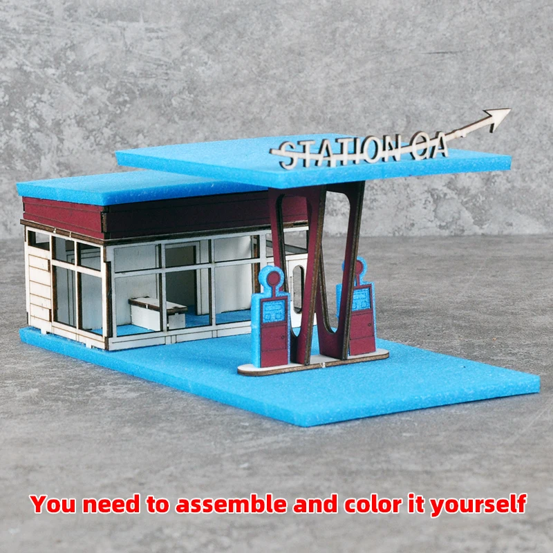 조립식 건축 모형 모래 테이블 주유소 휘발유 서비스 스테이션 현대식 자동차 스케일 모형 키트 1/64