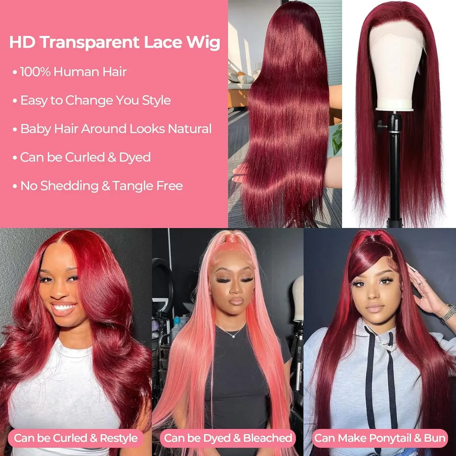 Burgundy 13x6 HD Lace Frontal Human Hair Wig Straight Red Lace Front Human Hair Max-lace Wigs 99J 220% Density Human Hair Wigs