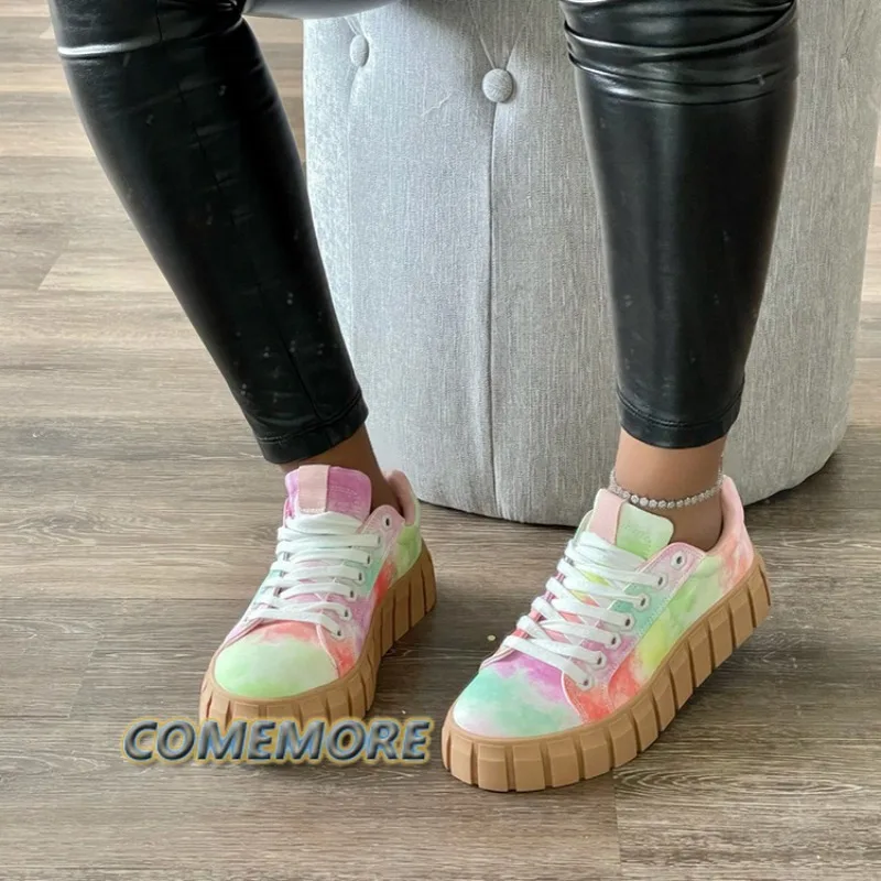 여성용 레이스업 캔버스 가황 운동화, 용수철 여름 캐주얼 패션, 테니스 여성 플랫폼 스니커즈, 블랙, 2024 신상