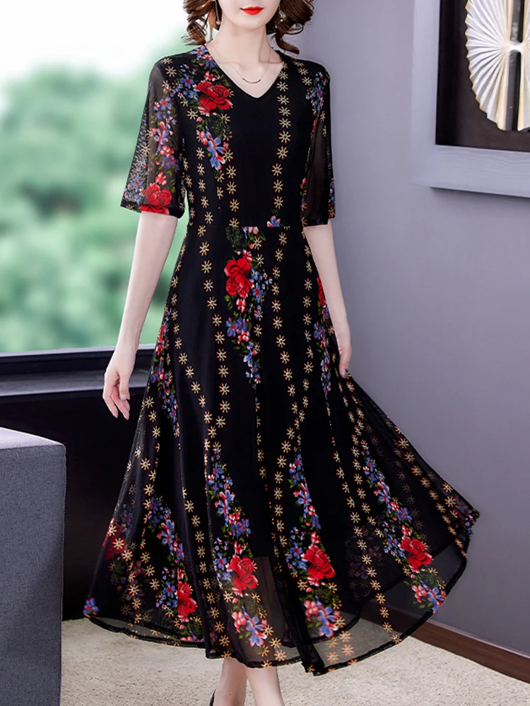 

Spring Summer Floral Mesh Maxi Dress Women Korean Vintage Elegant Casual Party Vestidos 2024 Fashion Chic Bodycon Night Robe