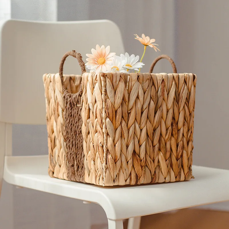 Rattan Straw Hand woven Storage Basket with Cotton Handle Household