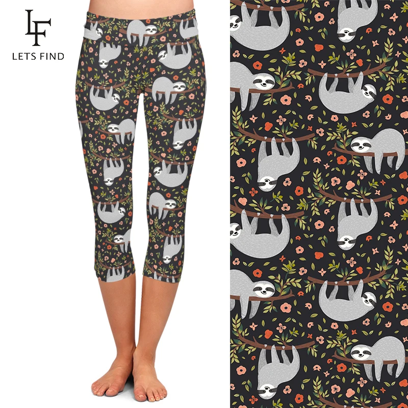 LETSFIND Summer New Women Pants Funny Sloth and Flowers Print Capri Leggings High Waist Elastic Slim Mid-Calf Leggings