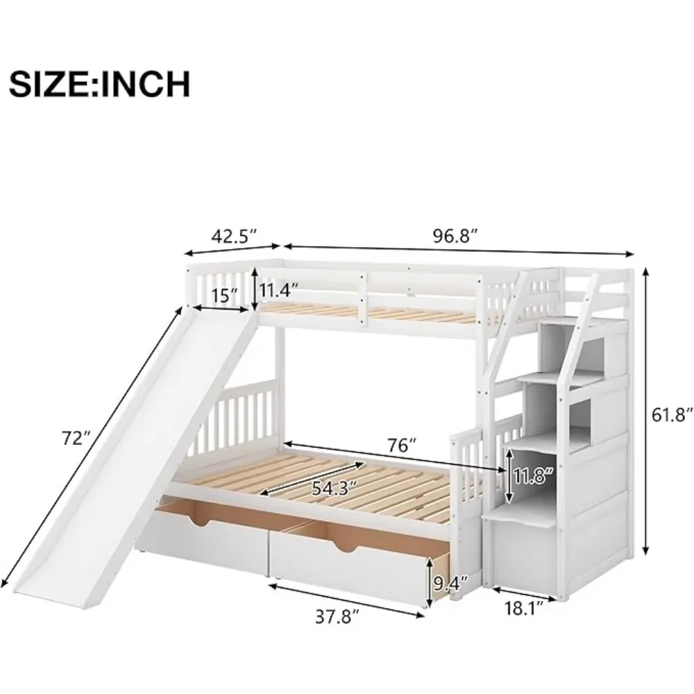 Twin Over Full Bunk Bed with Stairs and Slide, with Storage Drawers for Kids Girls Boys, Solid Wood Bunk Bed Frame 2