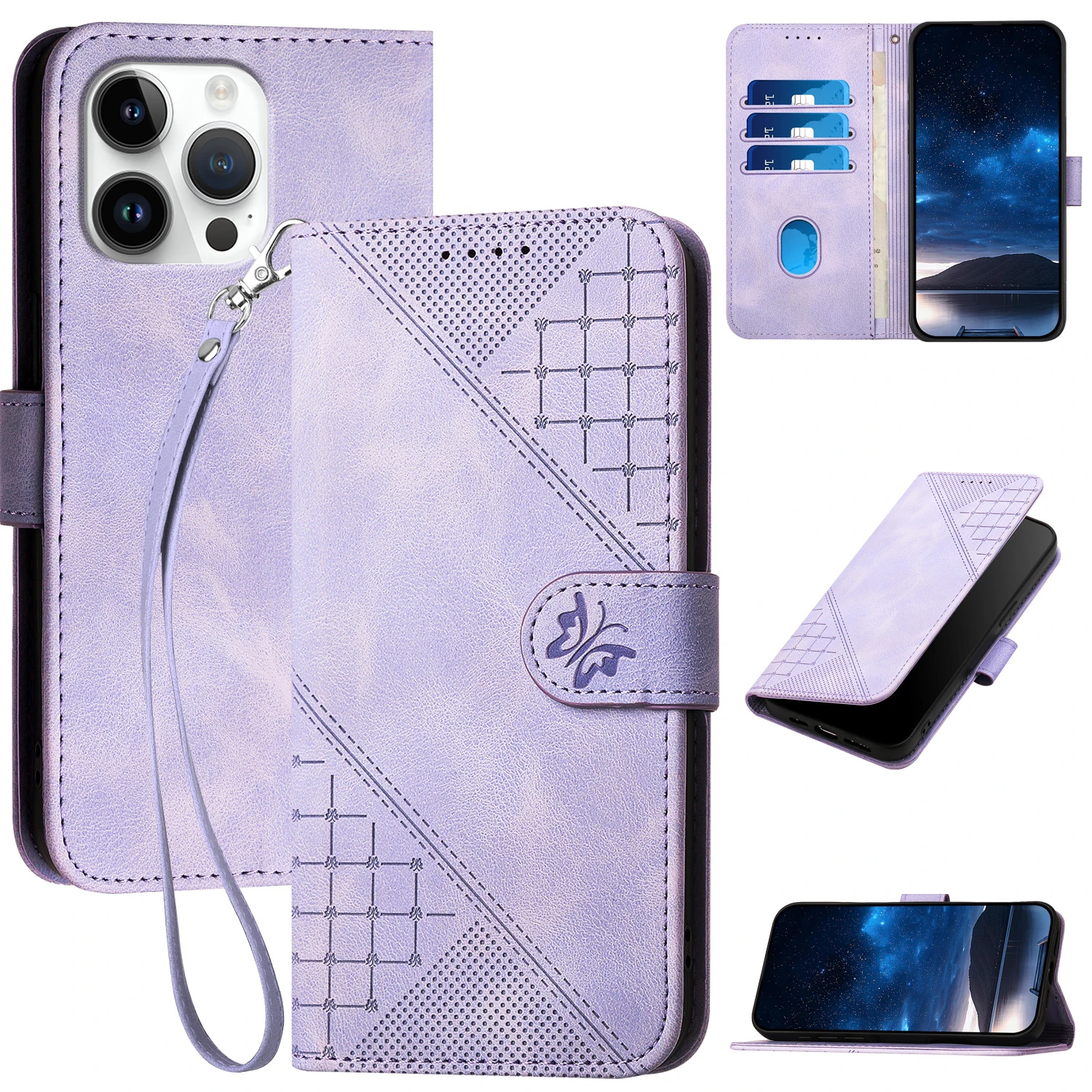 Custodia a portafoglio in pelle con cerniera per iPhone 16 Pro Max 15 Plus 14 13 12 11 SE4 XR XS con supporto e motivo a farfalla_voghion.com