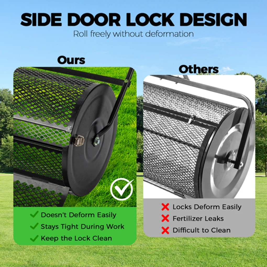 24 inch Compost Spreader for Lawn Garden Peat Moss Roller with Double Side Latches Steel Mesh Basket for Topdressing Seedling