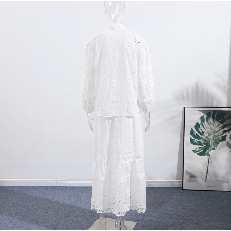 Elegantes Hemd, Maxirock, Anzüge, Set, lockeres Damen-Hohl-Langarmhemd, passende A-Linie, lange Röcke, weibliches Urlaubsoutfit – Detail 4
