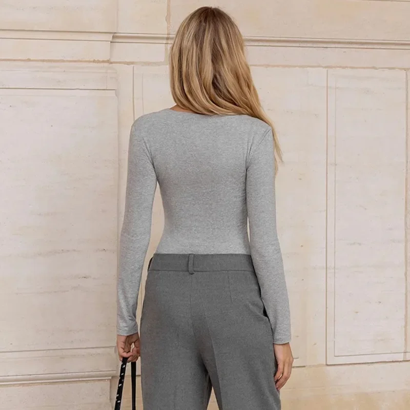 Fashion Spring and Autumn Deep V-Neck Metal Buckle Women's Long Sleeve T-Shirt Elegant Slim Fit Solid Color Waist Casual Top