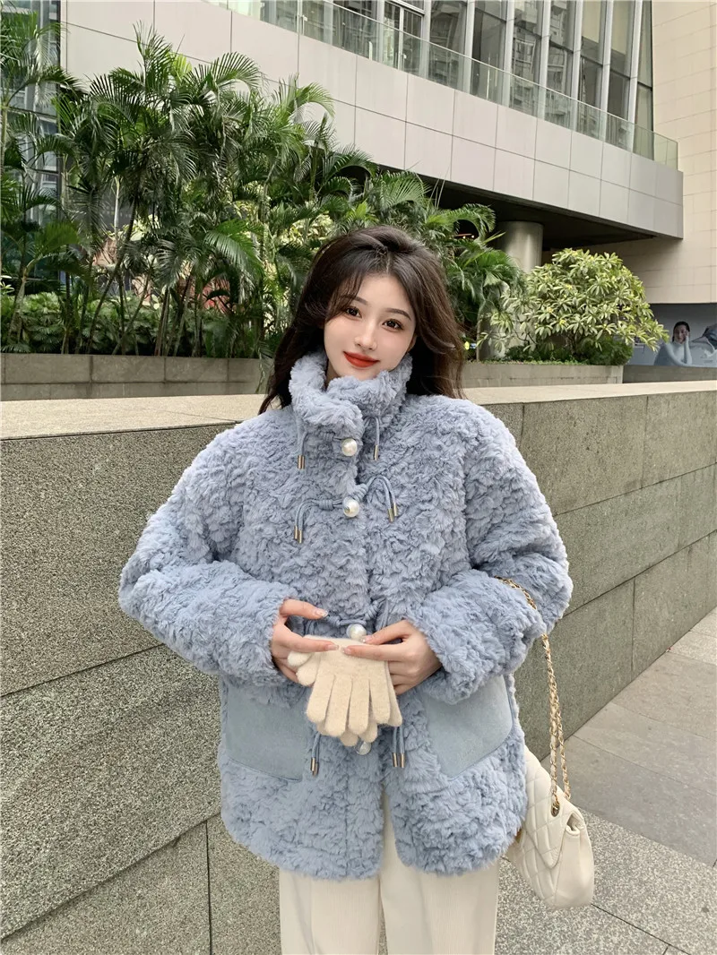 Berber Fleece Korean Fashion Girls Faux Fur Coat Single Breast Long Sleeves Stand Collar Winter Warm Women Coats