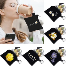 

2022 Women's Wallet Card Holder Organizer Daisy Pattern Print Collection Ring Buckle Zipper Black Canvas Earbuds Key Coin Purse