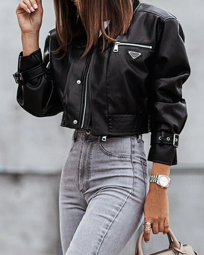 Jacket for Women Pu Leather Zipper Design Buckled Jacket Coat Top Autumn Spring New Fashion Women's Coat Outfits Female Clothing women mesh patch buckled high waist zipper pants skinny spring