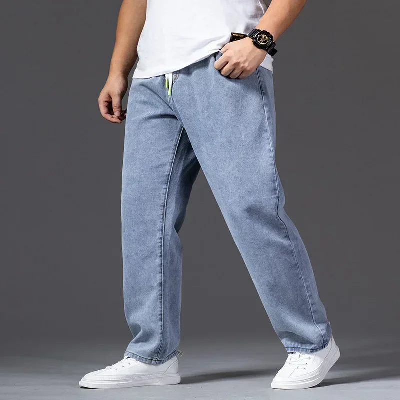 Thick Thigh Wide Leg Jeans For Men Autumn Straight 140KG Stretched Gray Denim Trousers Elastic Waist Plus Size 42 46 Male Pants