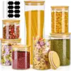 7 Pack Thicker Glass Food Storage Jars with Airtight Bamboo Lids, Clear Glass Storage Containers, Glass Canisters Set for Pasta, 1