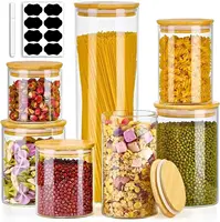 7 Pack Thicker Glass Food Storage Jars with Airtight Bamboo Lids, Clear Glass Storage Containers, Glass Canisters Set for Pasta, 1