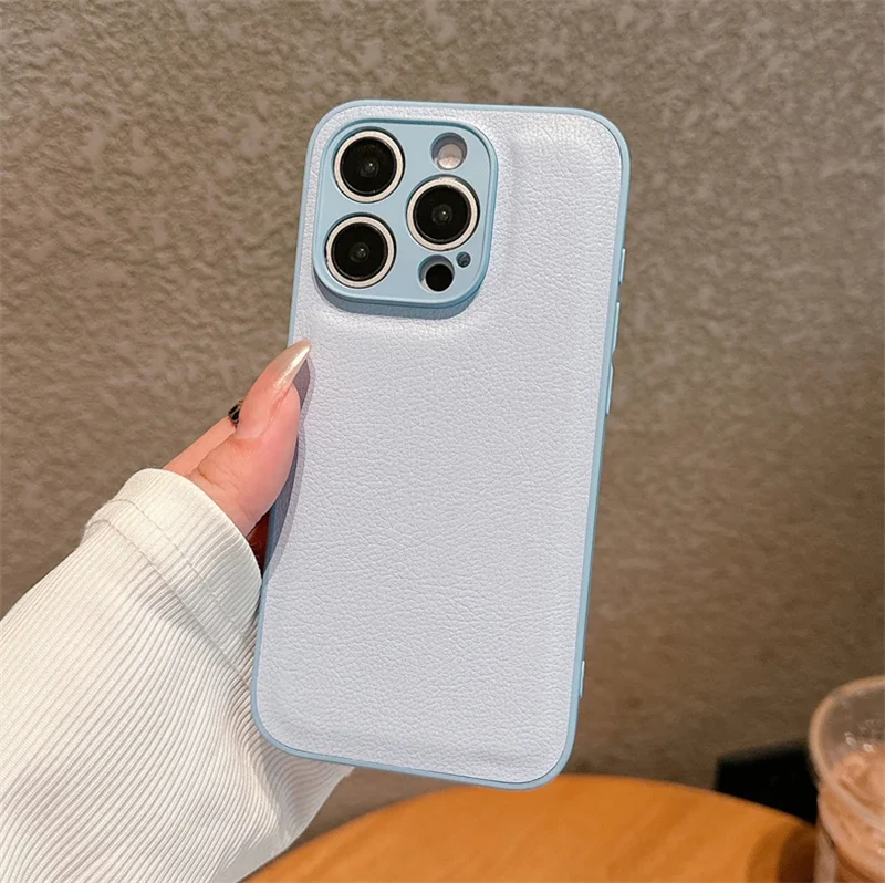 Luxury Litchi Patterned Leather Armor Case - Solid Color Silicone Shockproof Hard Cover