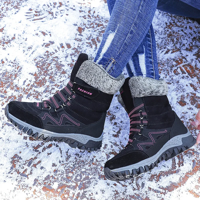 High quality genuine leather snow boots for women new 2023 winter size 41 42 outdoor plush warm walking shoe black grey red